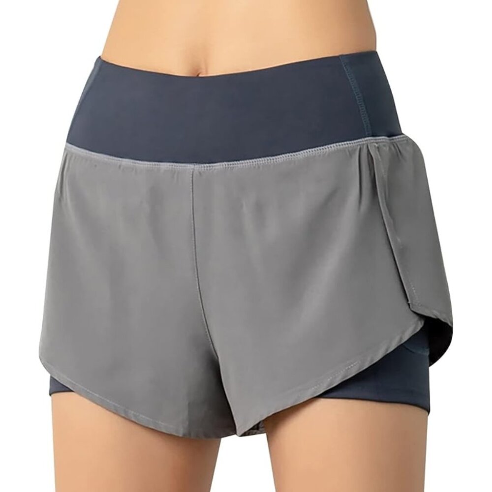 Anna-Kaci Women's XL Gray Running Shorts 2-in-1 With Pocket Athletic Quick Dry